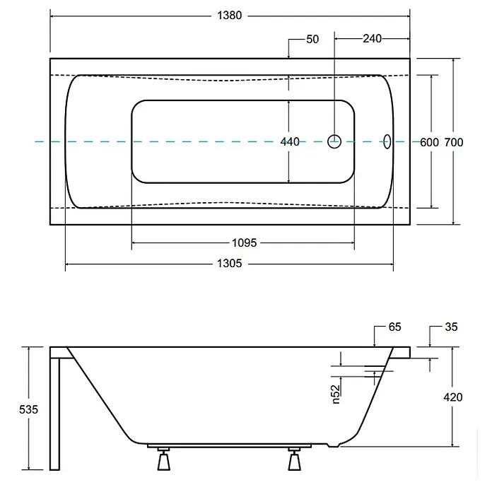 Bad Land Badewanne - 140 x 70 cm, Sanitäracryl, Weiß - Technische Zeichnung einer weißen Badewanne mit Abmessungen.