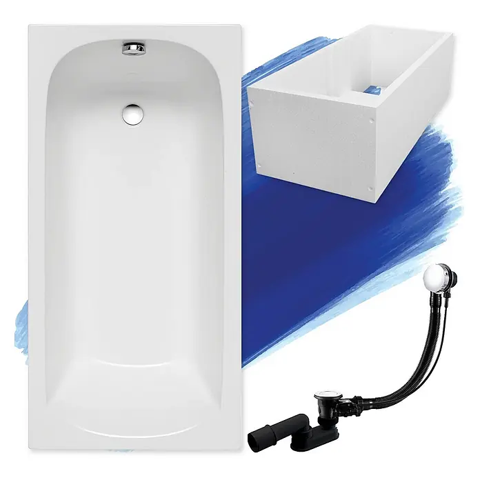 Bad Land Badewanne CLASSIC Acryl-Eckwanne 140 x 70 cm Weiß, inkl. Wannenträger - Sanitäracryl, Weiß - Weiße rechteckige Badewanne mit Stützrahmen und schwarzer/verchromter Ab-/Überlaufgarnitur.