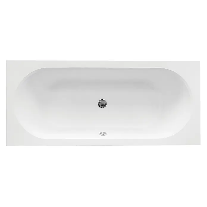 Bad Land Badewanne - 150 x 75 cm, Sanitäracryl, Weiß - Weiße rechteckige Badewanne mit ovalem Becken und zwei Metallabläufen, von oben gesehen.
