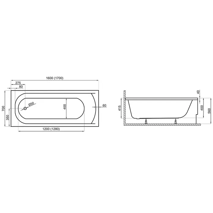 Bad Land Badewanne CLASSIC Acryl-Eckwanne 160 x 70 cm Weiß - Sanitäracryl, Weiß - Technischer Zeichnung einer Badewanne mit runden Ecken, Draufsicht und Seitenansicht mit Maßen und Ablaufgröße.