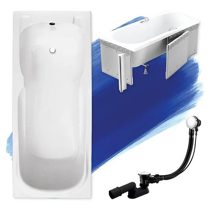 Bad Land Badewanne - 120 x 70 cm, Sanitäracryl, Weiß - Weiße Badewanne von oben und in Explosionsansicht mit Struktur und integriertem Ab- und Überlaufsystem.