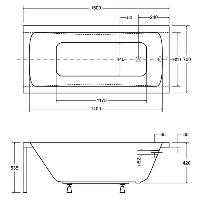Bad Land Badewanne - 150 x 70 cm, Sanitäracryl, Weiß - Technische Zeichnung einer weißen Badewanne mit Drauf- und Seitenansicht sowie den wichtigsten Maßen.