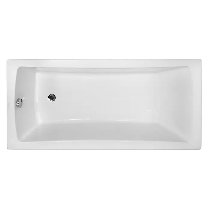 Bad Land Badewanne - 150 x 70 cm, Sanitäracryl, Weiß - Weiße rechteckige Badewanne mit Chromablauf und Überlaufkappe, von oben gesehen.