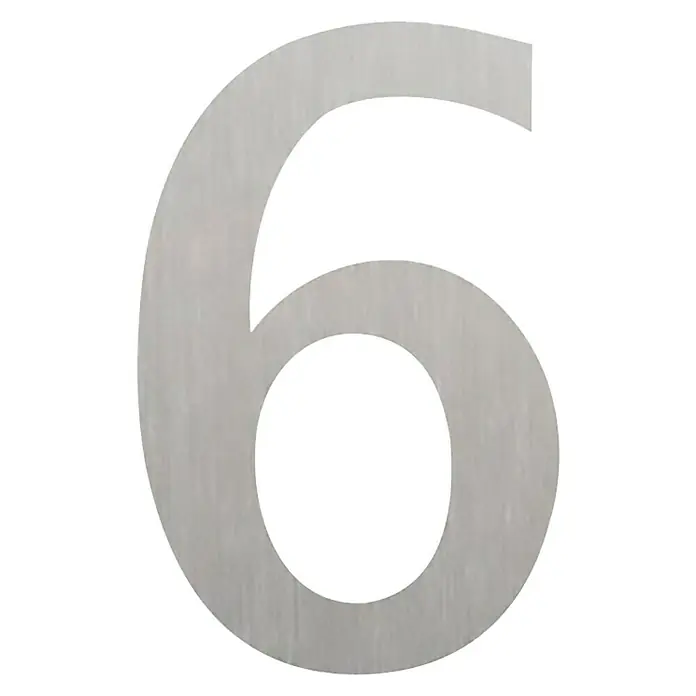 Etiqueta adhesiva troquelada 10 cm - 6, Plástico, Plateado, Autoadhesivo - Primer plano de un moderno número de casa "6" de color plata con un diseño elegante para uso exterior.