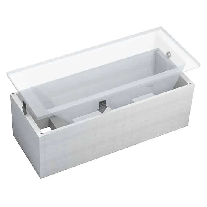 Bad Land Badewanne - 180 x 80 cm, Sanitäracryl, Weiß - Hellgrauer rechteckiger Pflanzkasten mit weißem, einsetzbarem Innenteil, von Pfeilen geführt.