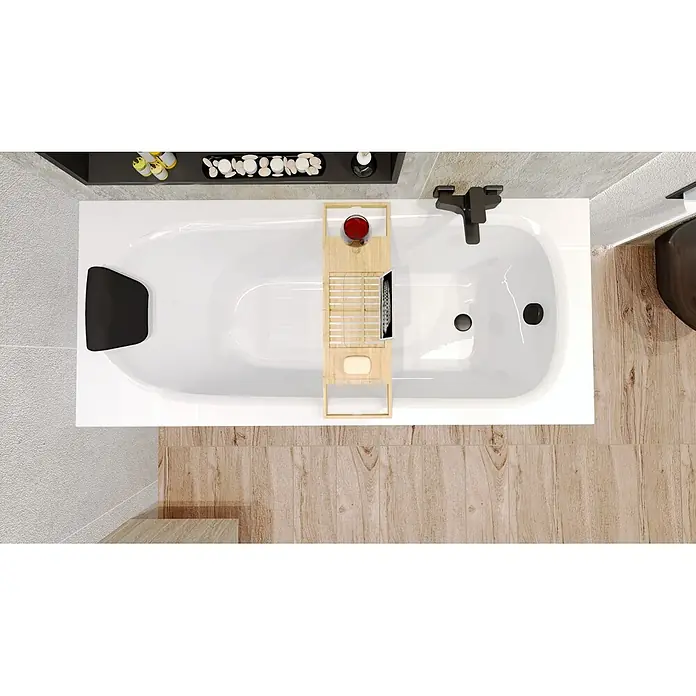Bad Land Badewanne - 150 x 70 cm, Sanitäracryl, Weiß - Weiße Badewanne mit schwarzer Kopfstütze, Holzbadeablage mit Wein, Tablet und Seife, schwarzer Wasserhahn.