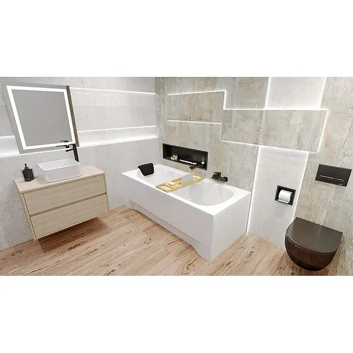 Bad Land Badewanne - 150 x 70 cm, Sanitäracryl, Weiß - Modernes Badezimmer mit schwarzen Armaturen, hellem Holzwaschtisch und strukturierten Fliesen mit integrierter Beleuchtung.