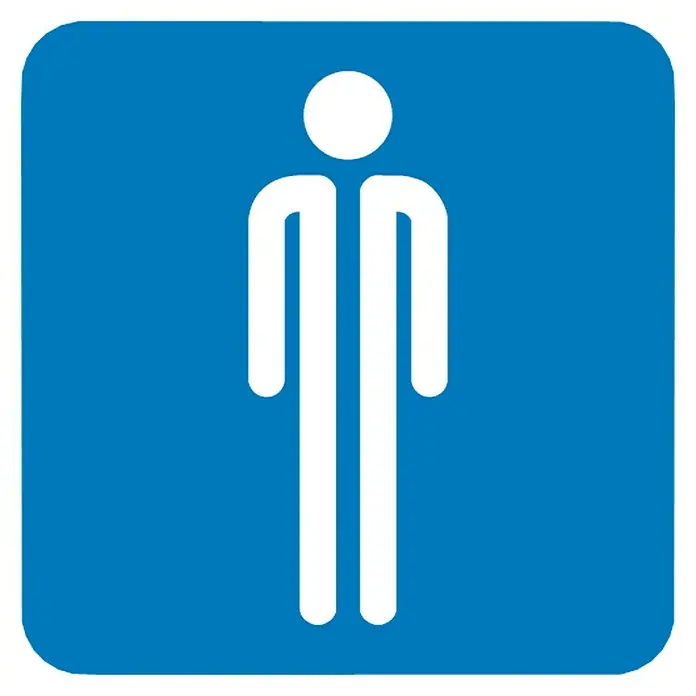 Cartel - Azul/Blanco, Caballeros - Señal azul con un pictograma blanco de una persona estilizada, posiblemente una señal de baño o dirección para hombres.