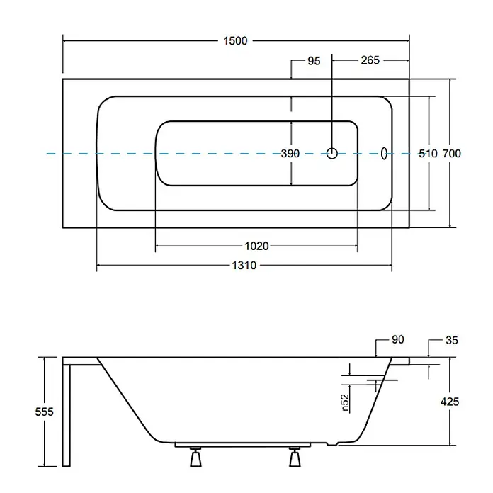 Bad Land Badewanne - 150 x 70 cm, Sanitäracryl, Weiß - Technische Zeichnung einer rechteckigen Badewanne mit Maßen, Draufsicht und Seitenansicht.