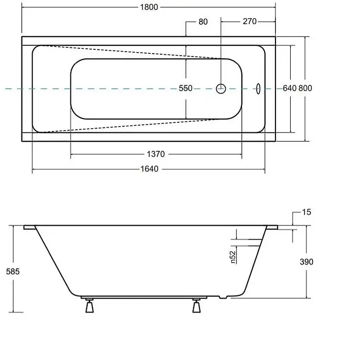 Bad Land Badewanne MODERN SLIM Acryl-Eckwanne 180 x 80 cm Weiß, inkl. Styroporverkleidung - 180 x 80 cm, Sanitäracryl, Weiß - Technische Zeichnung einer Badewanne mit Maßen und Ablaufsystem.
