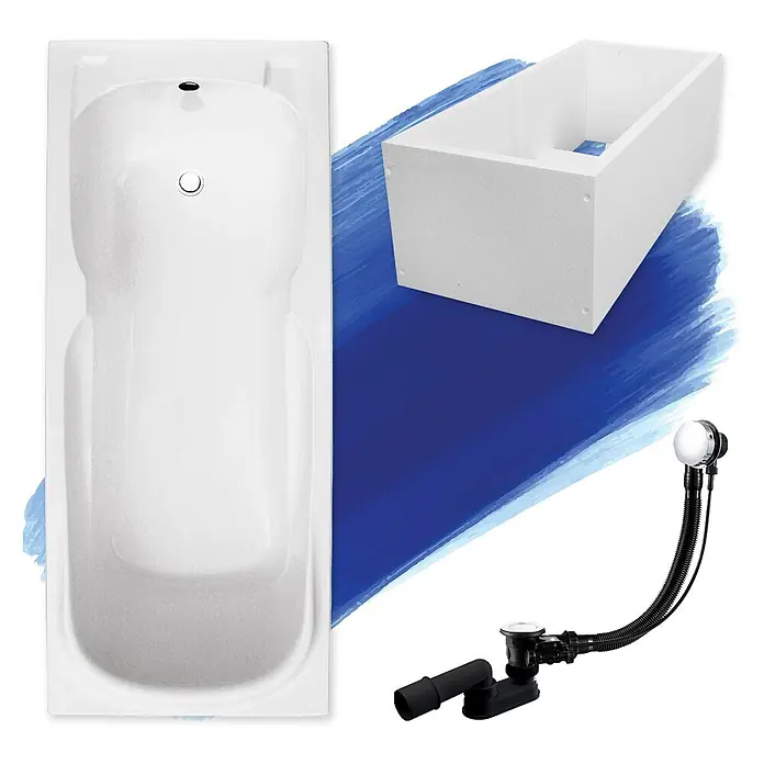 Bad Land Badewanne - 140 x 70 cm, Sanitäracryl, Weiß - Weiße Badewanne mit Wannenträger und Ablaufgarnitur.