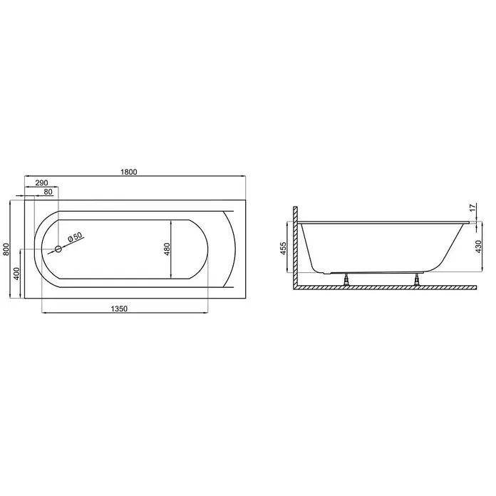 Bad Land Badewanne CLASSIC SLIM Acryl-Eckwanne 180 x 80 cm Weiß, inkl. Styroporverkleidung - 180 x 80 cm, Sanitäracryl, Weiß - Technische Zeichnung einer Badewanne mit Abmessungen, Draufsicht und Seitenansicht.
