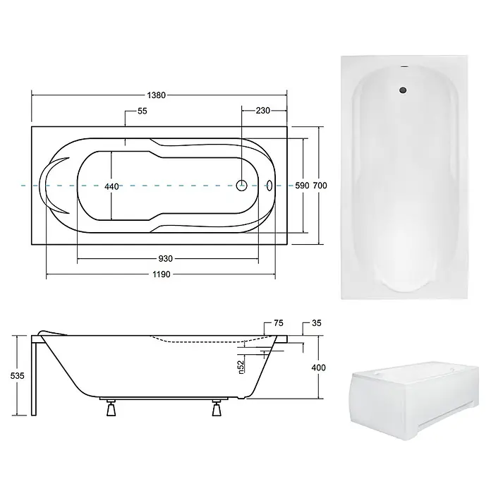 Bad Land Badewanne - 140 x 70 cm, Sanitäracryl, Weiß - Weiße rechteckige Badewanne mit ergonomischem Innenraum und technischen Zeichnungen.
