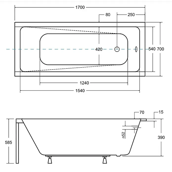 Bad Land Badewanne - 170 x 70 cm, Sanitäracryl, Weiß - Bemaßte technische Zeichnung einer rechteckigen Badewanne, Draufsicht und Seitenansicht.
