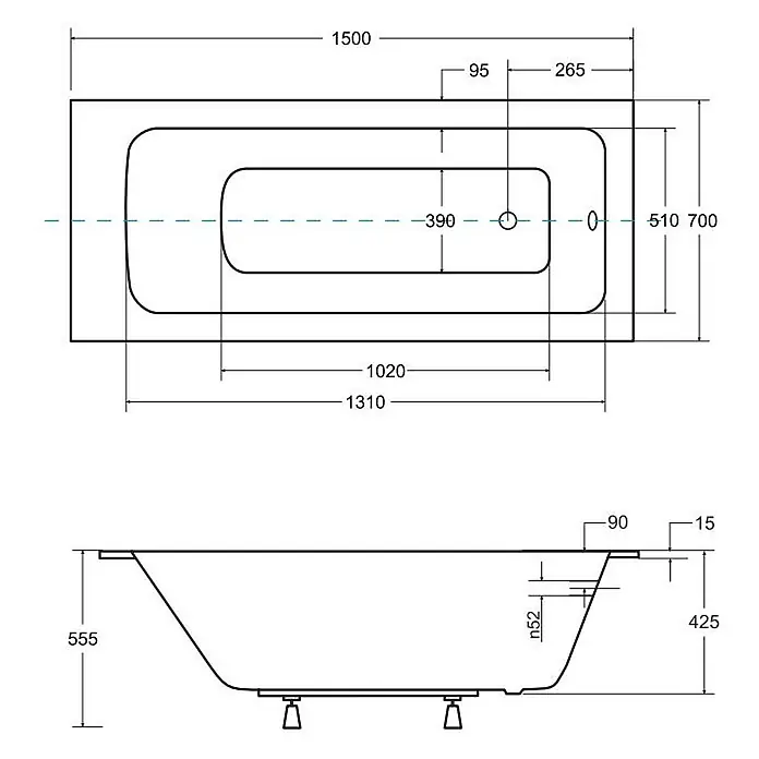 Bad Land Badewanne TALIA SLIM Acryl-Eckwanne 150 x 70 cm Weiß - 150 x 70 cm, Sanitäracryl, Weiß - Technische Zeichnung einer rechteckigen Badewanne mit Maßen, gezeigt in Ober- und Seitenansicht.