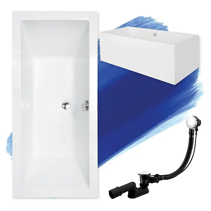 Bad Land Badewanne - 190 x 90 cm, Sanitäracryl, Weiß - Weiße rechteckige Badewanne mit Chromarmaturen und separatem flexiblem schwarzem Ab- und Überlaufsystem.