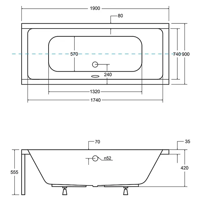 Bad Land Badewanne - 190 x 90 cm, Sanitäracryl, Weiß - Technische Zeichnung einer weißen rechteckigen Badewanne mit detaillierten Maßen, von oben und der Seite dargestellt.