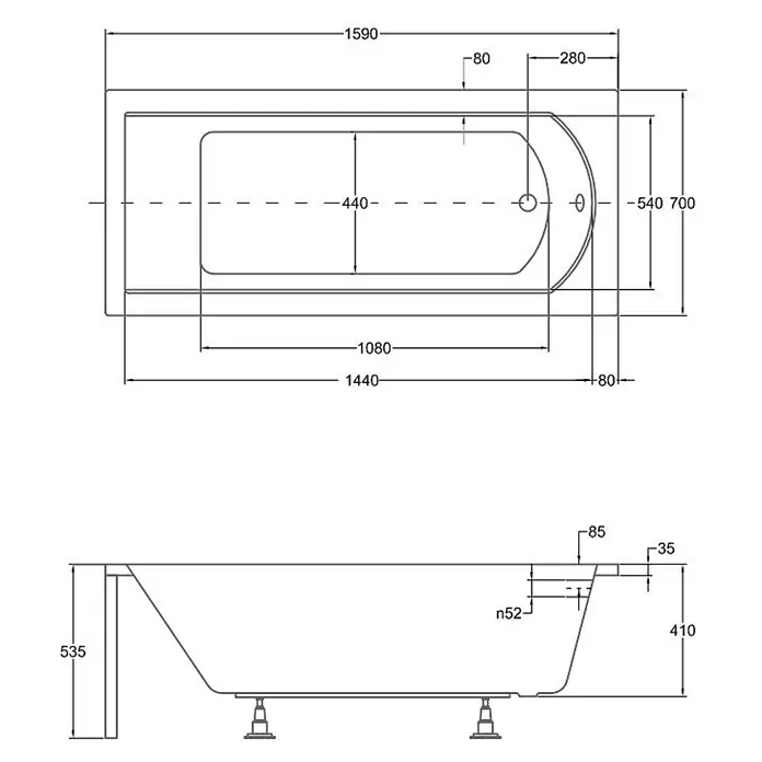 Bad Land Badewanne - 160 x 70 cm, Sanitäracryl, Weiß - Weiße rechteckige Badewanne mit einer abgerundeten Seite und technischen Maßen.