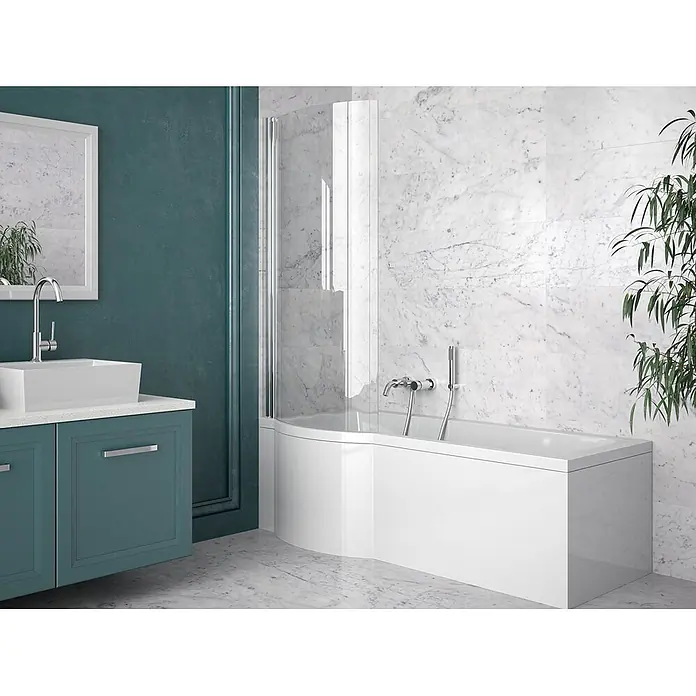 Bad Land Badewanne INSPIRO Acrylwanne 170 x 70 cm links Weiß m. Styroporverkl., Wannenaufsatz - Sanitäracryl, Weiß - Weiße Eckbadewanne mit transparenter Duschwand in einem modernen Badezimmer.