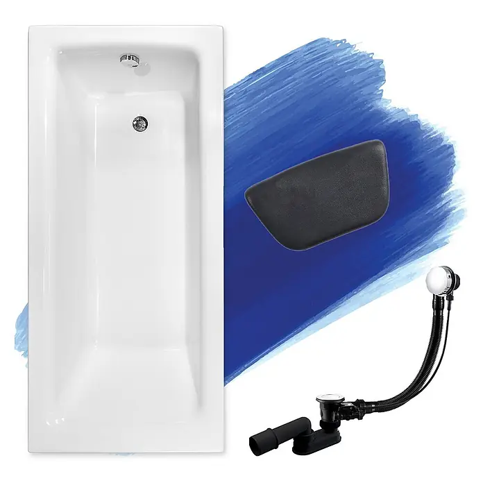 Bad Land Badewanne - 100 x 70 cm, Sanitäracryl, Weiß - Weiße rechteckige Badewanne mit schwarzem Badekissen und schwarzem-chromfarbenem Ablaufgarnitur.