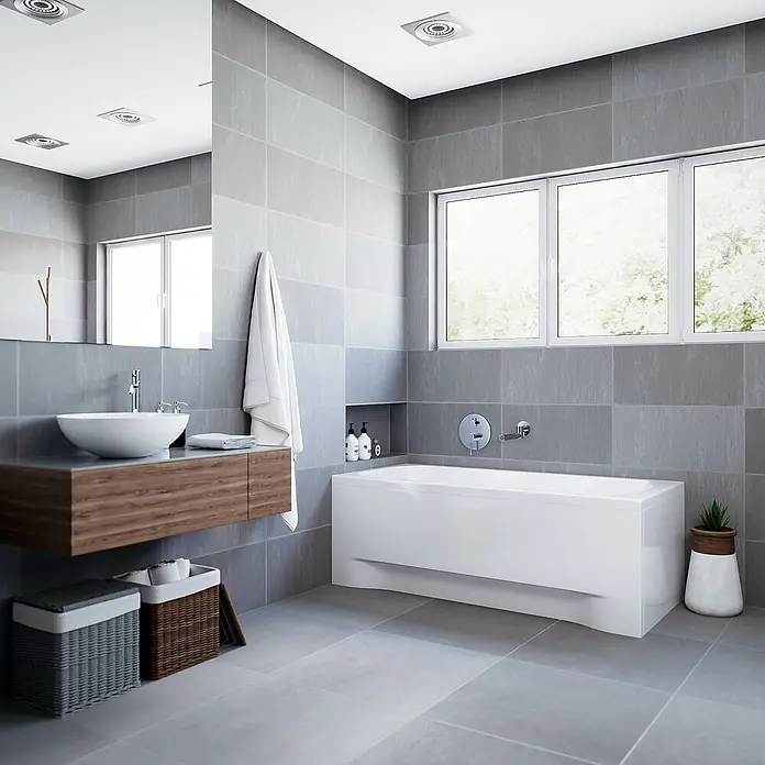 Bad Land Badewanne CLASSIC Acryl-Eckwanne 150 x 75 cm Weiß - Sanitäracryl, Weiß - Modernes Badezimmer mit weißer Badewanne, schwebendem Holzwaschtisch mit weißem Waschbecken und grauen Fliesen.