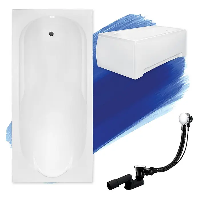 Bad Land Badewanne - 150 x 70 cm, Sanitäracryl, Weiß - Weiße rechteckige Badewanne mit Ablauf und Überlauf, plus separater Ab- und Überlaufgarnitur.