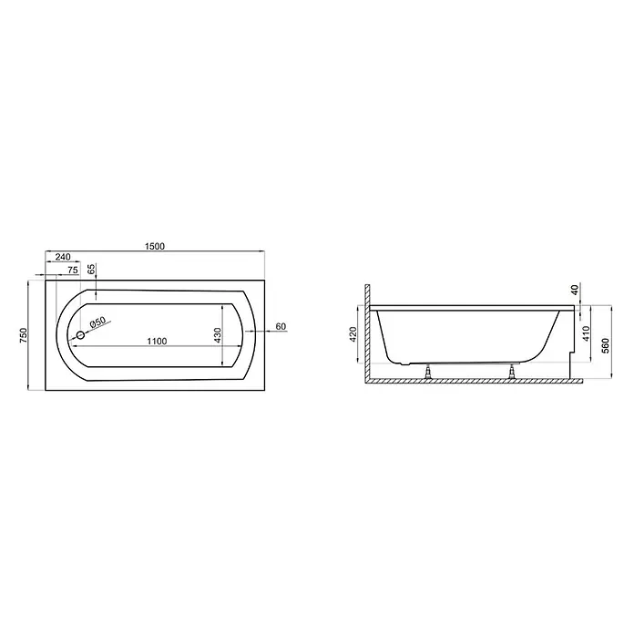 Bad Land Badewanne CLASSIC Acryl-Eckwanne 150 x 75 cm Weiß - Sanitäracryl, Weiß - Technische Zeichnung einer Badewanne mit Draufsicht und Seitenansicht, Maße 1500x750mm und Höhe 560mm.