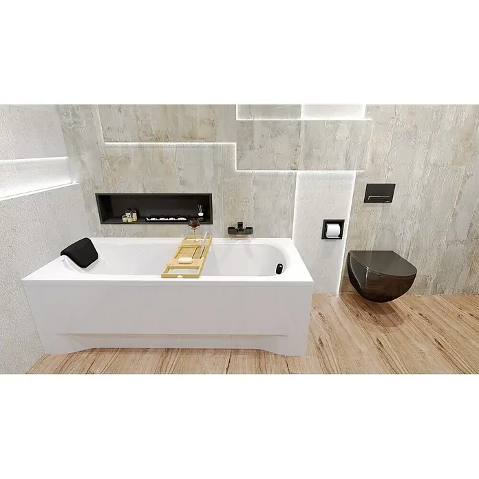 Bad Land Badewanne - 150 x 70 cm, Sanitäracryl, Weiß - Moderner Badezimmer mit einer weißen Badewanne, schwarzer wandhängender Toilette und Holzfußboden.