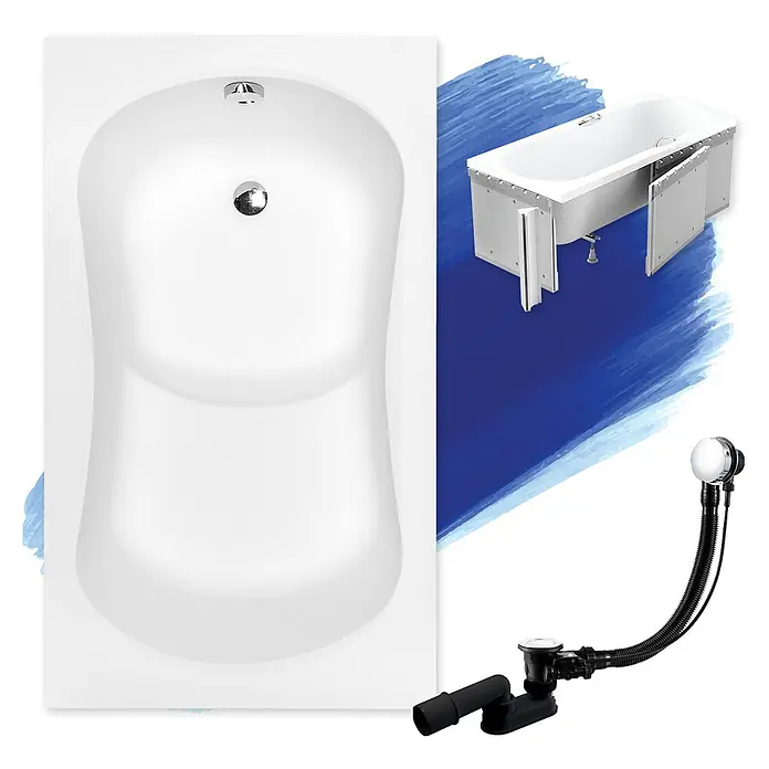 Bad Land Badewanne - 120 x 70 cm, Sanitäracryl, Weiß - Weiße rechteckige Badewanne mit Chromablauf/-überlauf, gezeigt mit externen Stützpaneelen und flexiblem Abfluss-/Abfallanschluss.