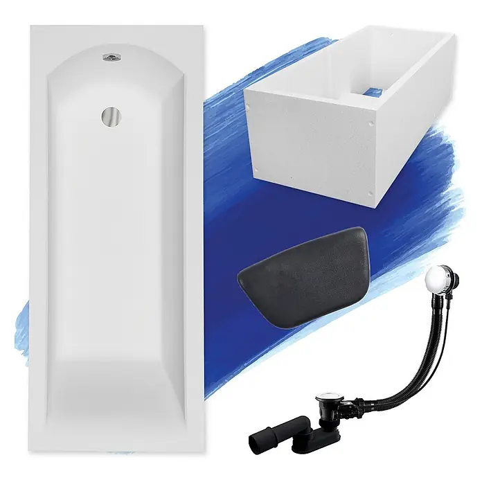 Bad Land Badewanne - 170 x 70 cm, Sanitäracryl, Weiß - Weiße Badewanne mit Kopfstütze, Unterbau und Ab-/Überlaufgarnitur.