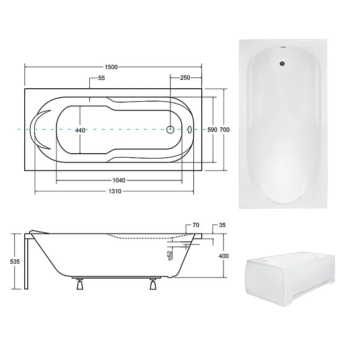 Bad Land Badewanne - 150 x 70 cm, Sanitäracryl, Weiß - Weiße rechteckige Badewanne mit detaillierten technischen Zeichnungen und Produktfotos.