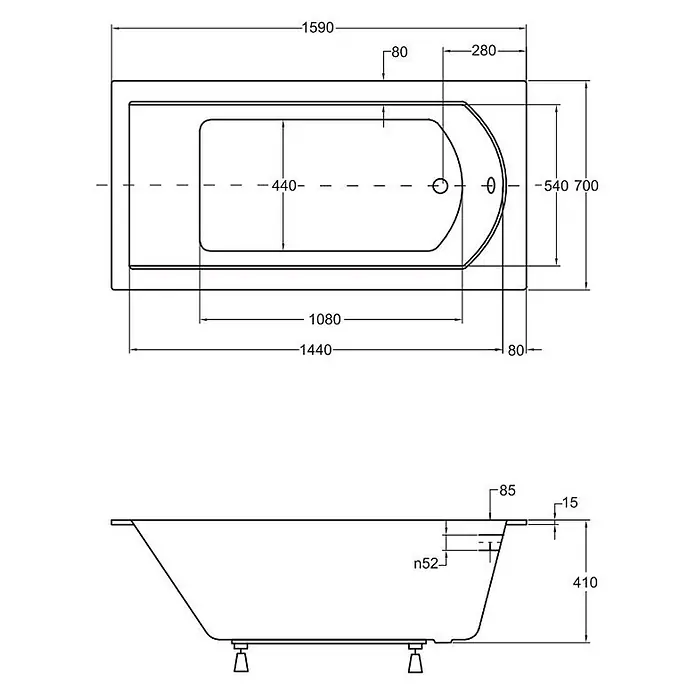 Bad Land Badewanne SHEA SLIM Acryl-Eckwanne 160 x 70 cm Weiß - 160 x 70 cm, Sanitäracryl, Weiß - Technische Zeichnung einer rechteckigen Badewanne mit abgerundetem Ende, mit Draufsicht und Seitenansicht inklusive Maßen.