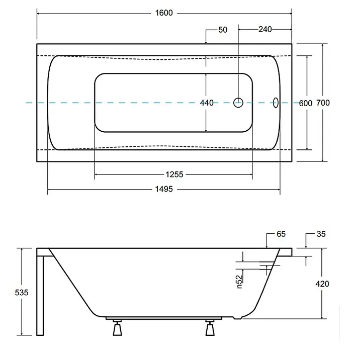 Bad Land Badewanne - 160 x 70 cm, Sanitäracryl, Weiß - Bemaßte technische Zeichnung einer rechteckigen Badewanne, Draufsicht und Seitenansicht.
