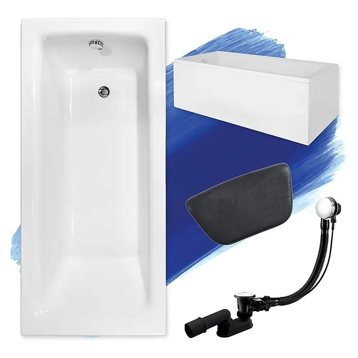 Bad Land Badewanne - 150 x 70 cm, Sanitäracryl, Weiß - Weiße rechteckige Badewanne mit passender Seitenverkleidung, schwarzer Kopfstütze und Chrom/Schwarz Ab- und Überlaufgarnitur.