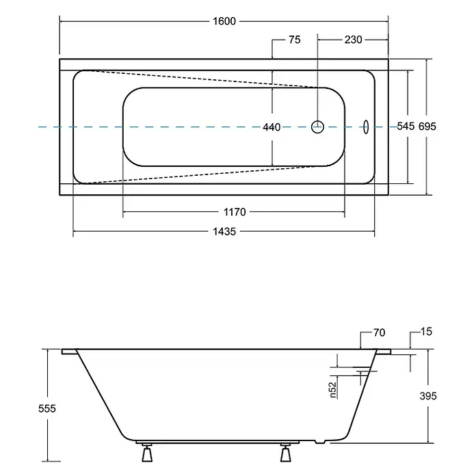 Bad Land Badewanne - 160 x 70 cm, Sanitäracryl, Weiß - Technische Zeichnung einer rechteckigen Badewanne mit detaillierten Maßen.