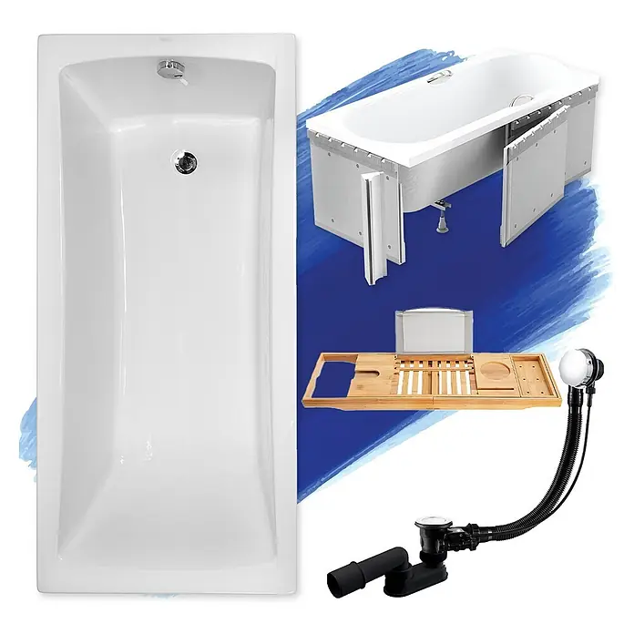 Bad Land Badewanne - 170 x 70 cm, Sanitäracryl, Weiß - Weiße rechteckige Badewanne mit Innenstruktur, Bambus-Wannentablett und schwarzem Ab-/Überlauf.