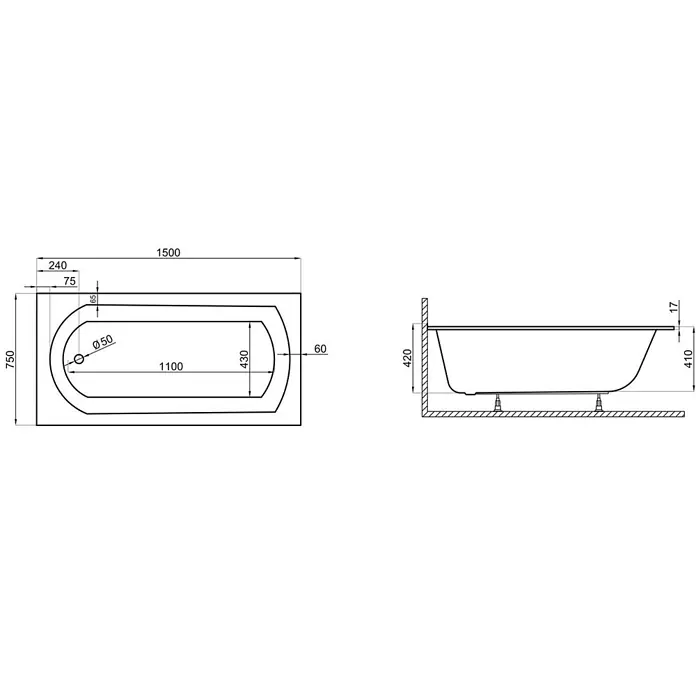 Bad Land Badewanne CLASSIC SLIM Acryl-Eckwanne 150 x 75 cm Weiß, inkl. Wannenträger - 150 x 75 cm, Sanitäracryl, Weiß - Technische Zeichnung einer rechteckigen weißen Badewanne mit Draufsicht, Seitenansicht und Maßen.