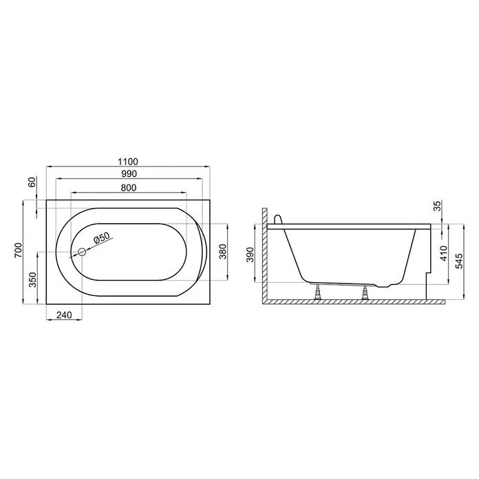 Bad Land Badewanne MINI Acryl-Eckwanne 110 x 70 cm Weiß, inkl. Styroporverkleidung - Sanitäracryl, Weiß - Technische Zeichnung einer rechteckigen Badewanne mit ovalem Becken, Draufsicht und Seitenansicht mit detaillierten Maßen.