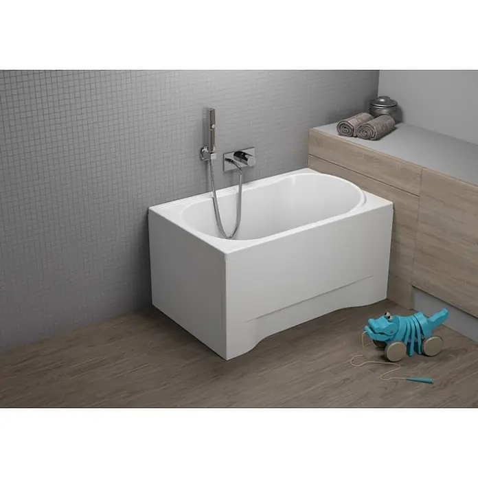 Bad Land Badewanne MINI Acryl-Eckwanne 110 x 70 cm Weiß - Sanitäracryl, Weiß - Weiße Badewanne mit integrierter Duscharmatur und Brauseschlauch.
