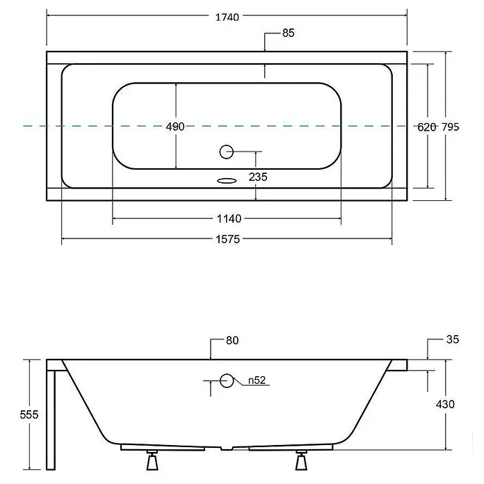 Bad Land Badewanne - 175 x 80 cm, Sanitäracryl, Weiß - Technische Zeichnung einer Badewanne mit Draufsicht und Seitenansicht inklusive detaillierter Maße.
