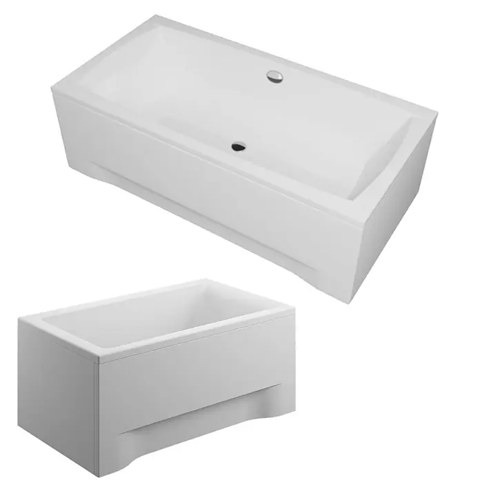 Bad Land Badewanne - 140 x 70 cm, Sanitäracryl, Weiß - Weiße rechteckige Badewanne in modernem Design, mit integrierten Paneelen und metallischem Überlauf/Ablauf.