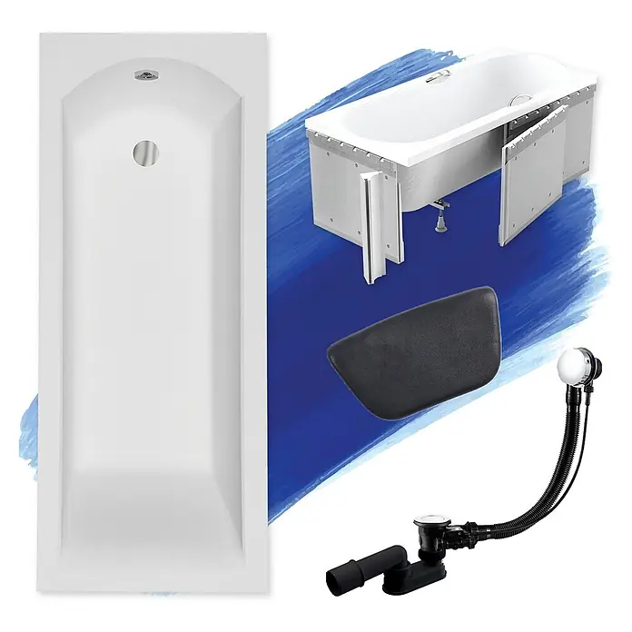 Bad Land Badewanne - 150 x 70 cm, Sanitäracryl, Weiß - Weißes rechteckiges Badewannensystem mit internem Ablauf, Metallrahmen, schwarzer Kopfstütze und flexibler Ablaufgarnitur.