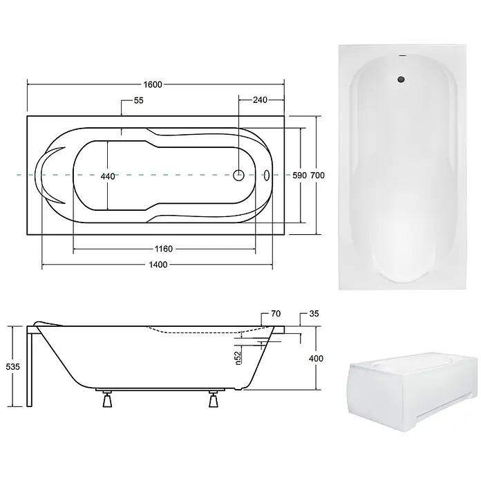 Bad Land Badewanne - 160 x 70 cm, Sanitäracryl, Weiß - Weiße Badewanne mit detaillierten technischen Zeichnungen und Produktansichten.