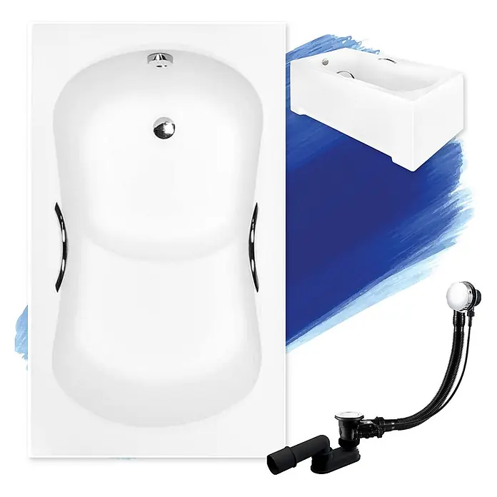 Bad Land Badewanne - 120 x 70 cm, Sanitäracryl, Weiß - Zwei weiße Badewannen und ein schwarzes Badablauf-Überlaufset.