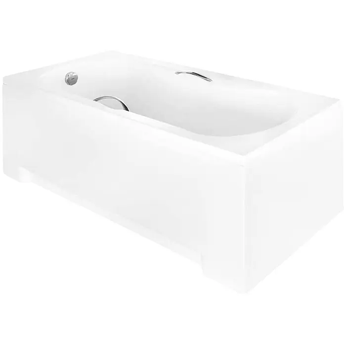 Bad Land Badewanne - 120 x 70 cm, Sanitäracryl, Weiß - Weiße rechteckige Badewanne mit glänzender Oberfläche und Chrom-Überlauf/Ablauf.