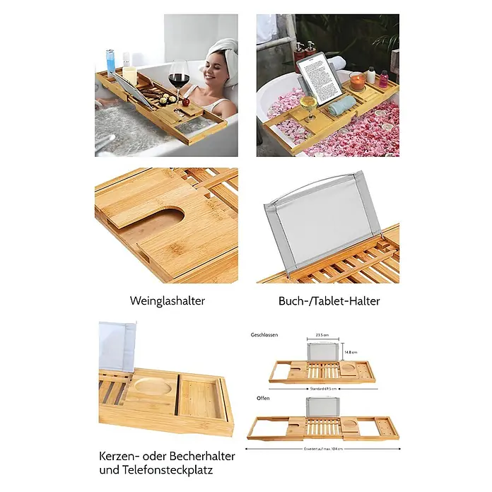 Bad Land Badewanne -  - Ausziehbare Badewannenablage aus Bambus mit Wein-, Buch-/Tablet- und Becherhaltern.