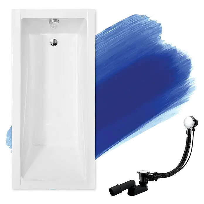 Bad Land Badewanne - 130 x 70 cm, Sanitäracryl, Weiß - Weiße rechteckige Badewanne mit Chromablauf und Überlauf, dazu ein separates schwarzes Wannenab- und Überlaufset.