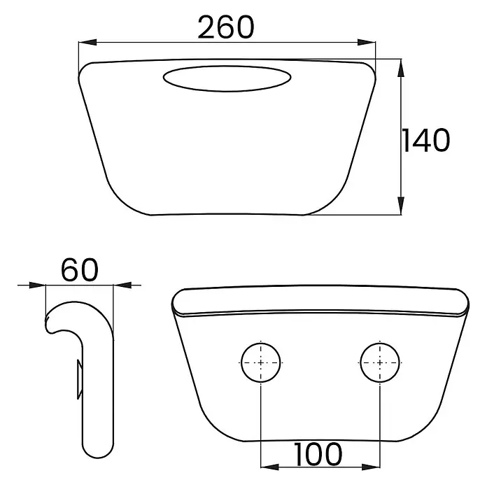 Bad Land Badewanne - 180 x 80 cm, Sanitäracryl, Weiß - Technische Zeichnung eines rechteckigen Beckens, 260 breit, 140 hoch, 60 tief, mit zwei Befestigungslöchern im Abstand von 100.