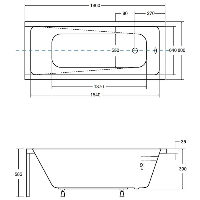 Bad Land Badewanne - 180 x 80 cm, Sanitäracryl, Weiß - Technische Zeichnung einer Badewanne mit detaillierten Maßen.