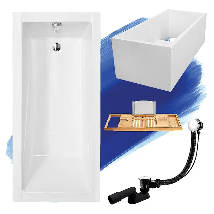 Bad Land Badewanne - 180 x 80 cm, Sanitäracryl, Weiß - Weiße Badewanne mit Stützrahmen, hölzernem Badewannenablage und schwarzem/verchromtem Ablaufgarnitur.